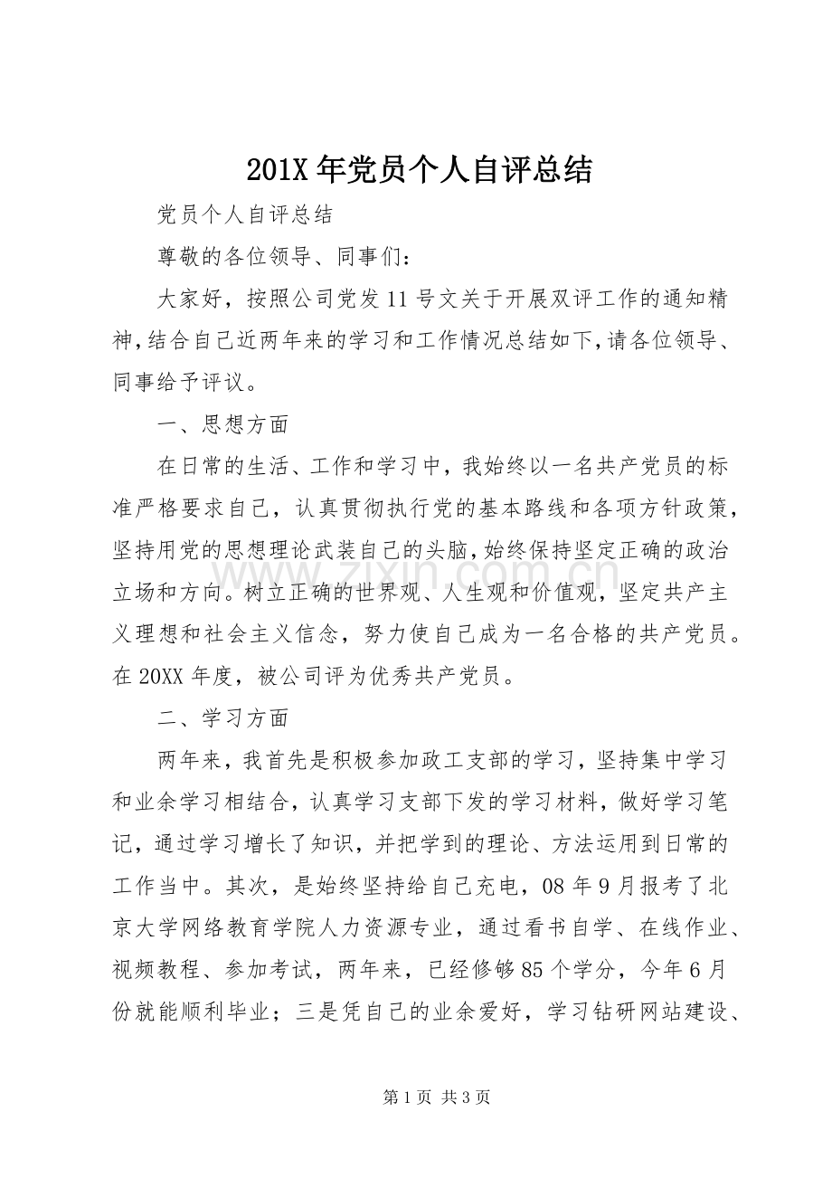 202X年党员个人自评总结.docx_第1页