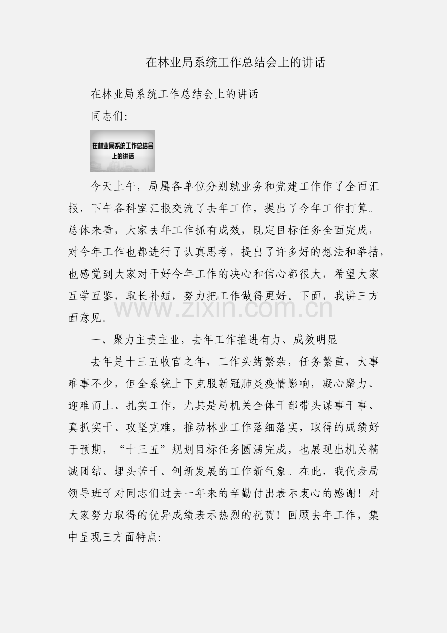 在林业局系统工作总结会上的讲话.docx_第1页