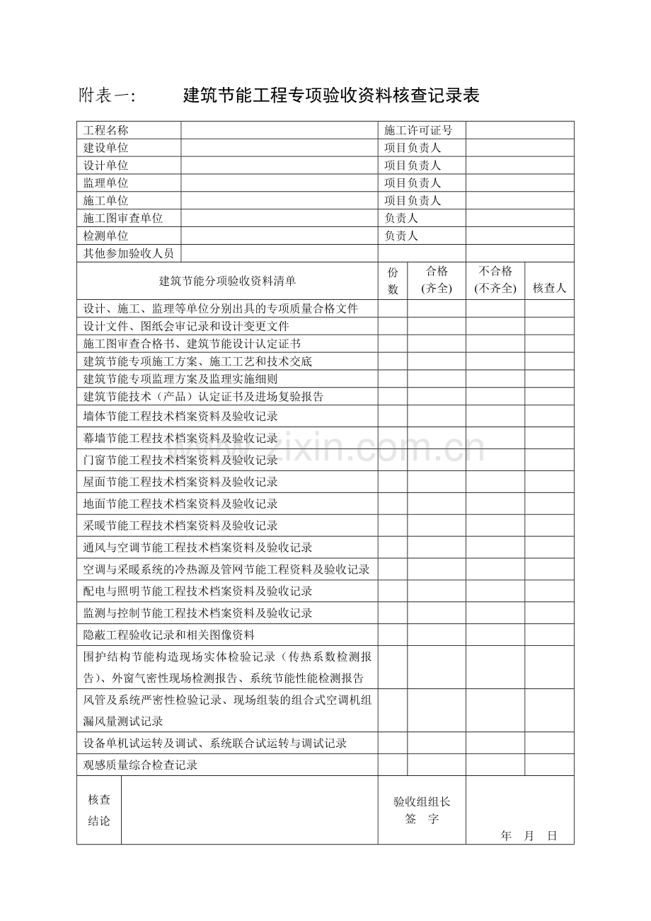 建筑节能工程专项验收表格（1、2）-附表一：建筑.docx_第1页