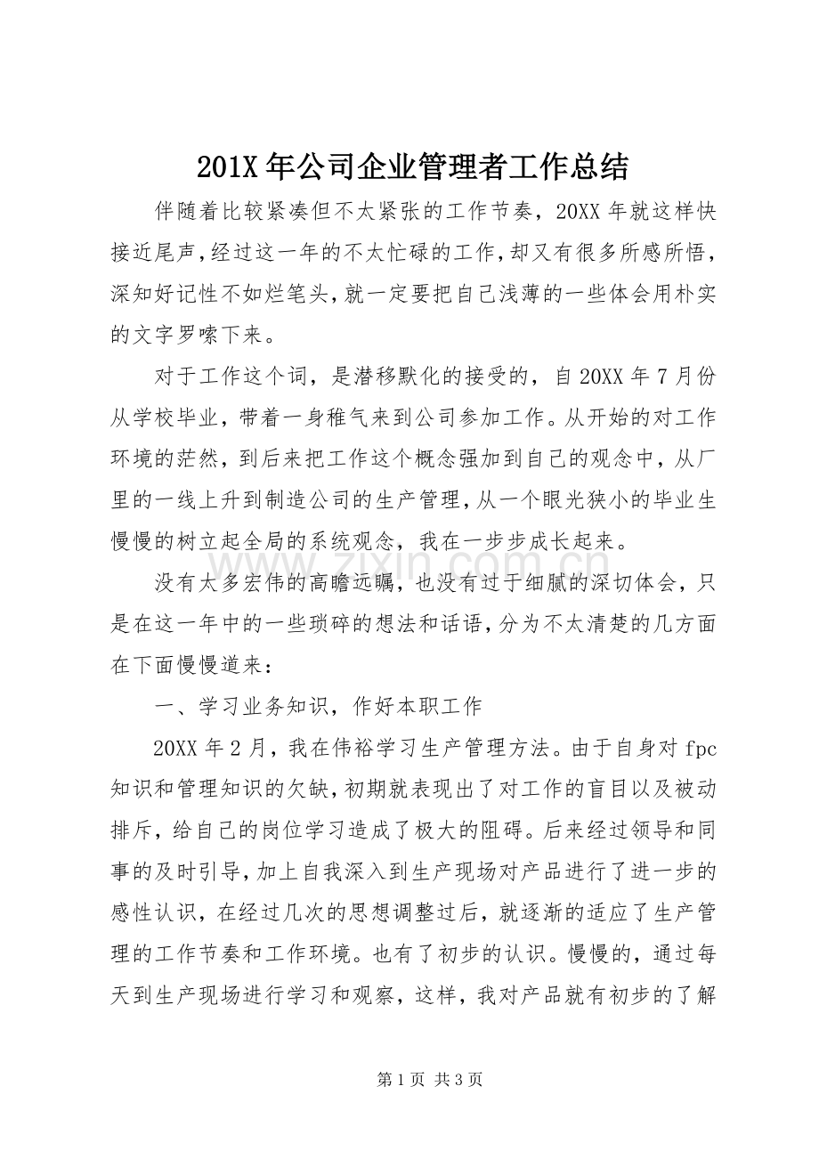 202X年公司企业管理者工作总结.docx_第1页