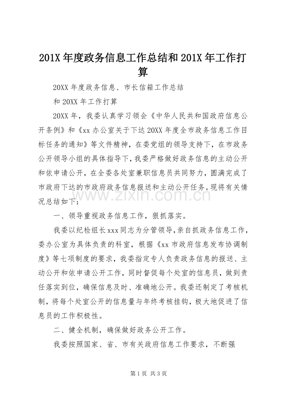 202X年度政务信息工作总结和202X年工作打算.docx_第1页