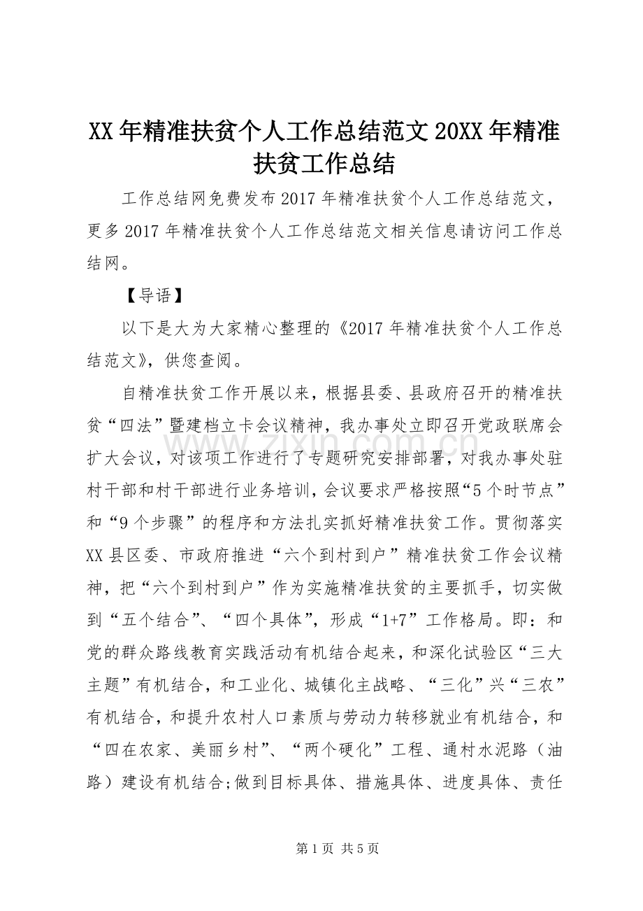 XX年精准扶贫个人工作总结范文20XX年精准扶贫工作总结.docx_第1页