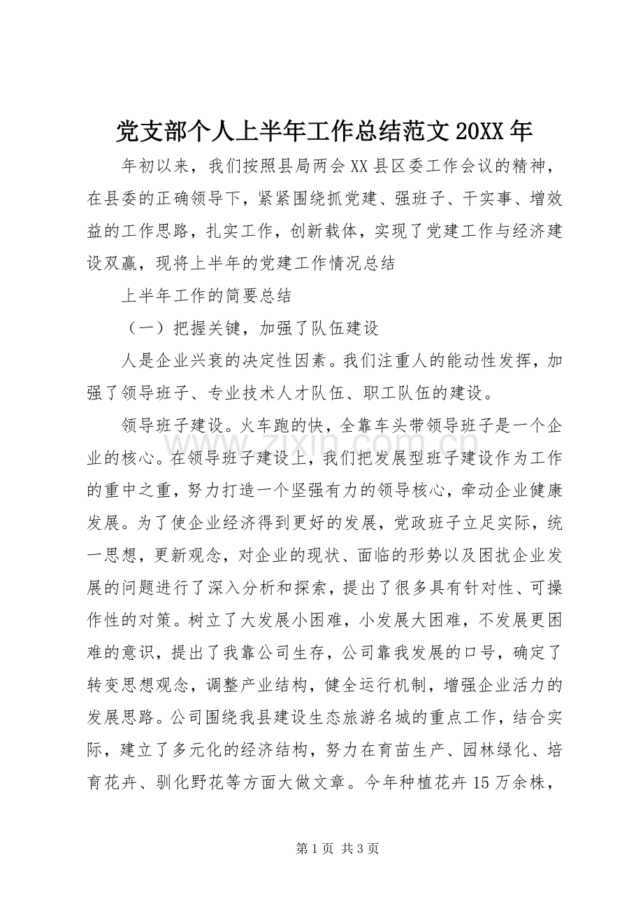 党支部个人上半年工作总结范文20XX年.docx_第1页