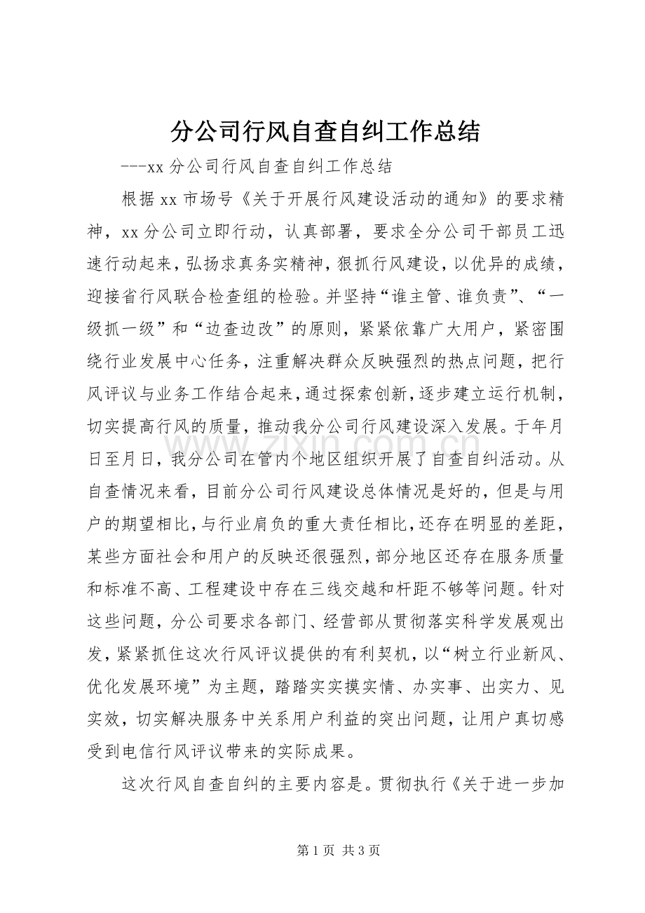 分公司行风自查自纠工作总结 .docx_第1页