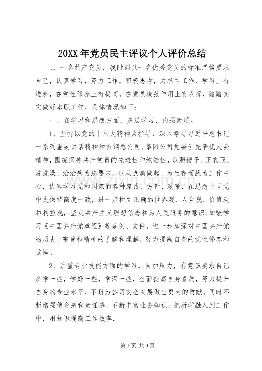 20XX年党员民主评议个人评价总结.docx_第1页