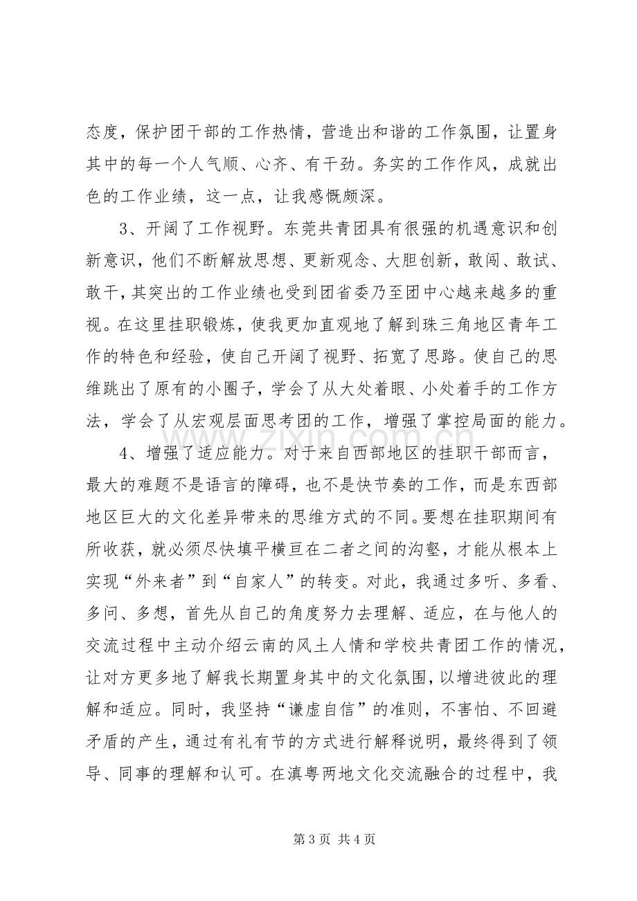 内陆省份团干部到改革开发的前沿地区挂职锻炼学习总结 .docx_第3页