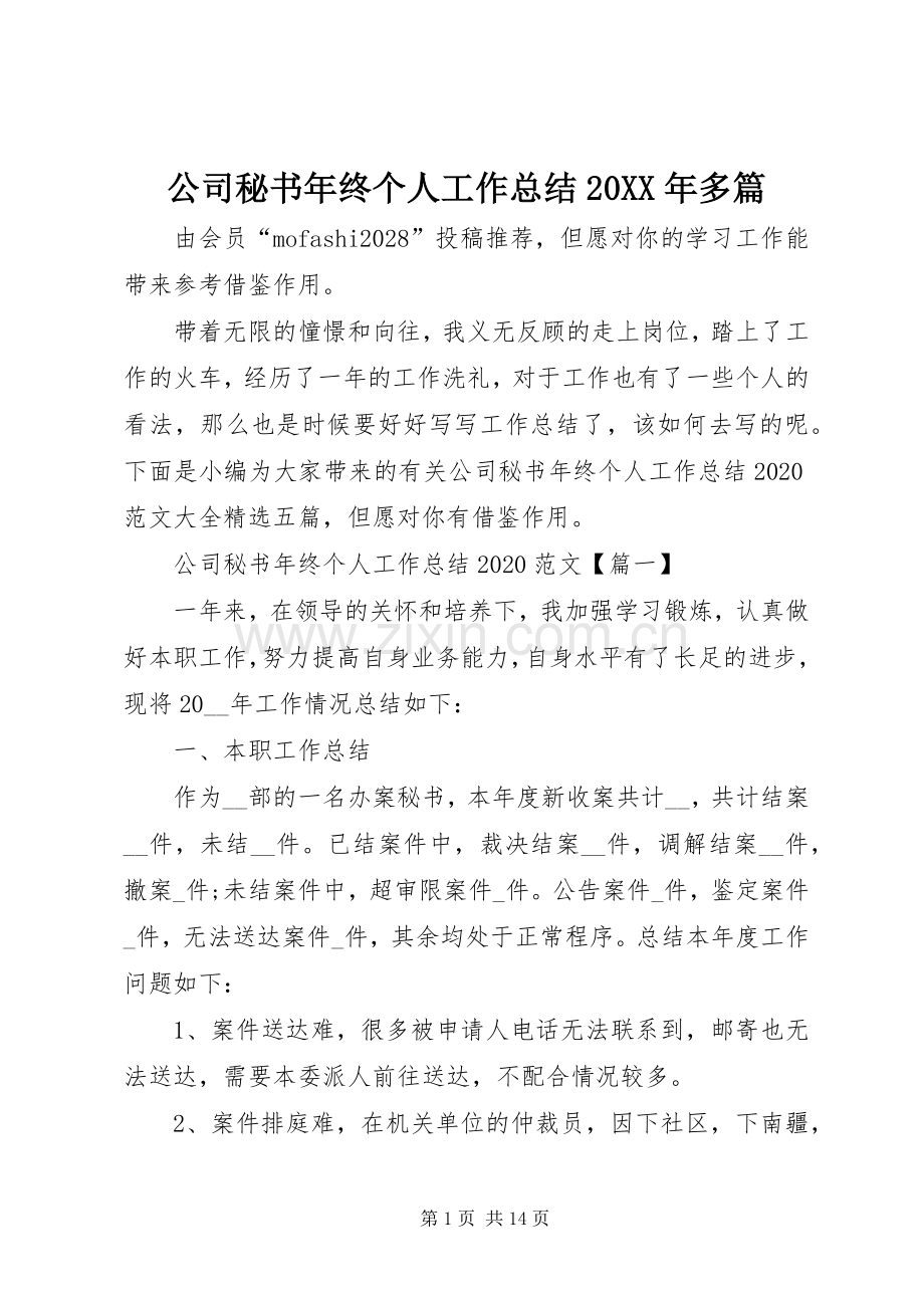 公司秘书年终个人工作总结20XX年多篇.docx_第1页