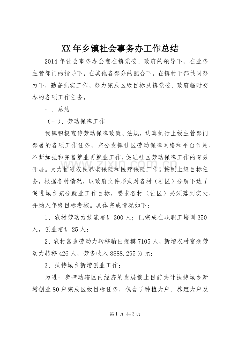 XX年乡镇社会事务办工作总结 .docx_第1页