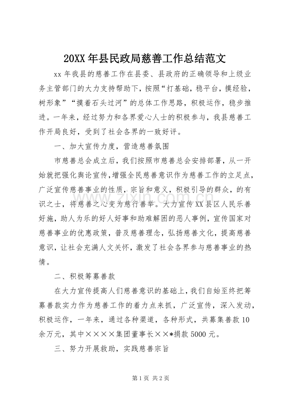 20XX年县民政局慈善工作总结范文.docx_第1页