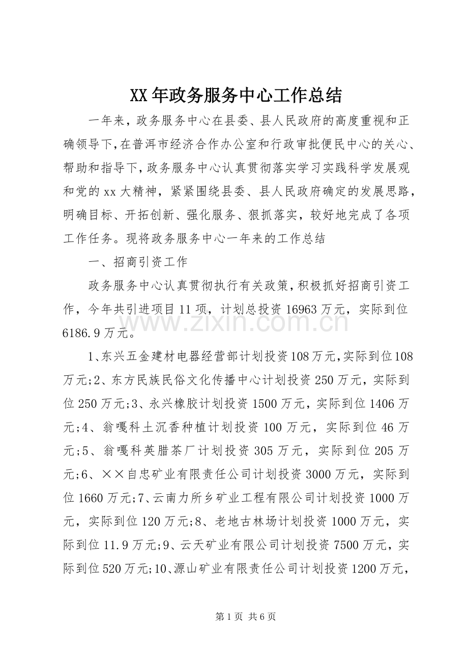 XX年政务服务中心工作总结 .docx_第1页