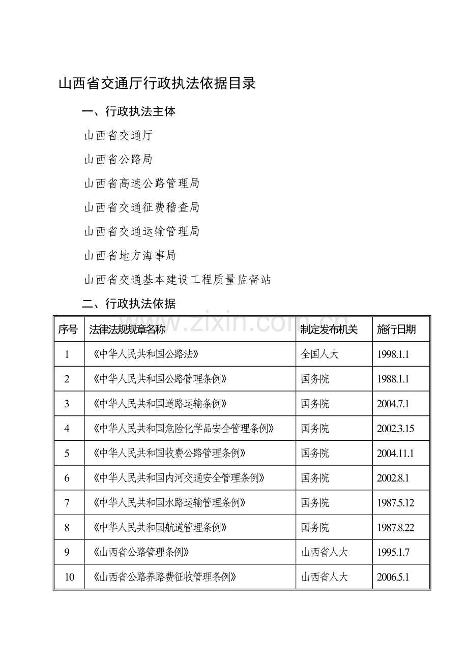 山西省交通厅行政执法依据目录.docx_第1页