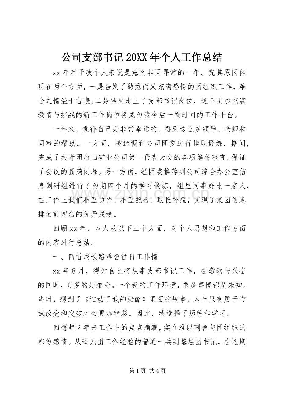 公司支部书记20XX年个人工作总结.docx_第1页