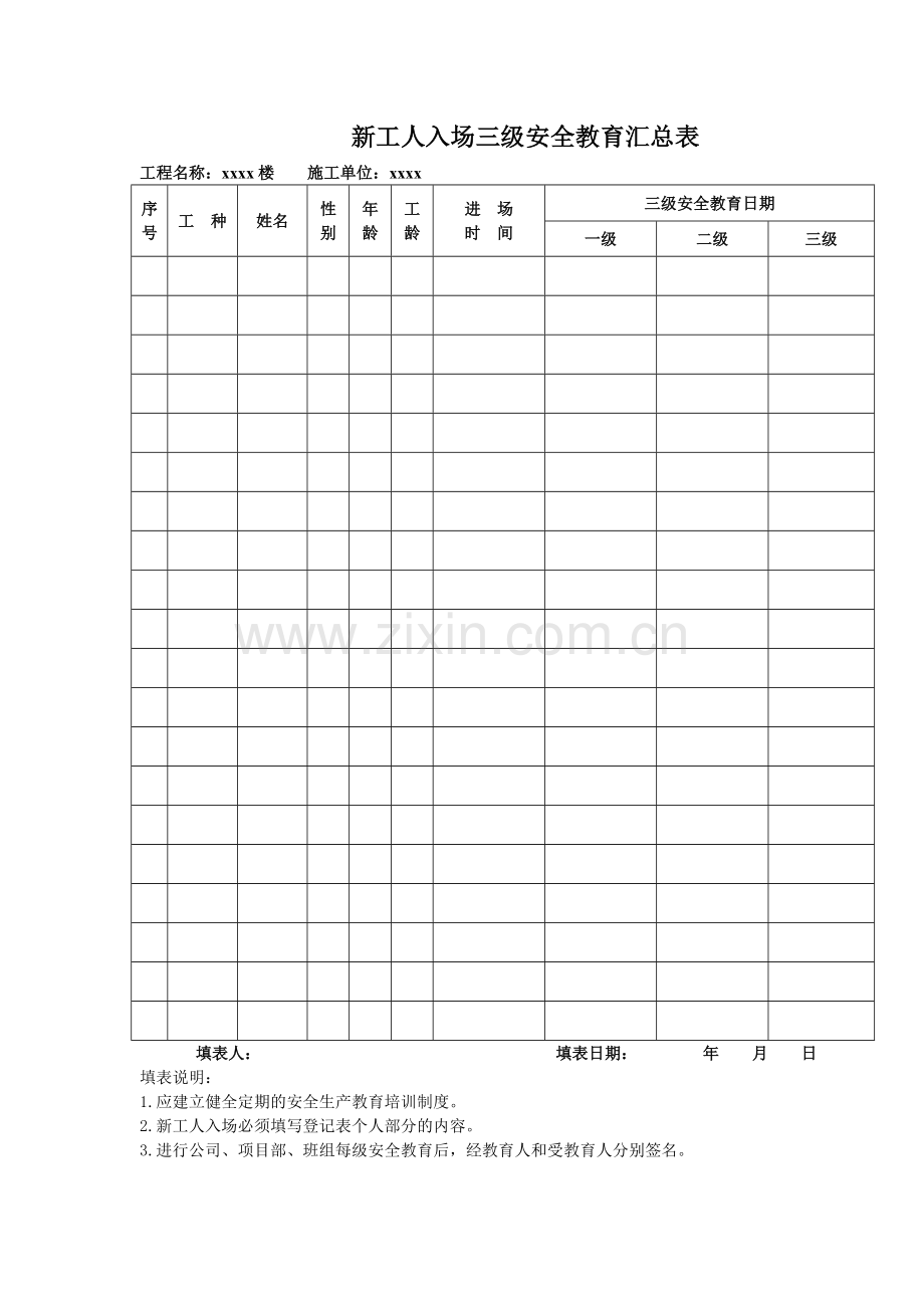 建筑三级安全教育表格大全.docx_第1页