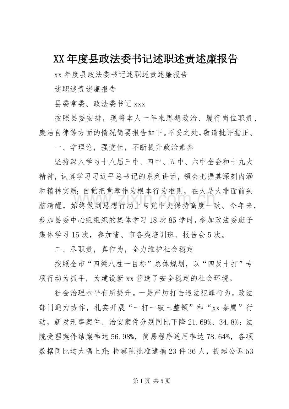 XX年度县政法委书记述职述责述廉报告.docx_第1页