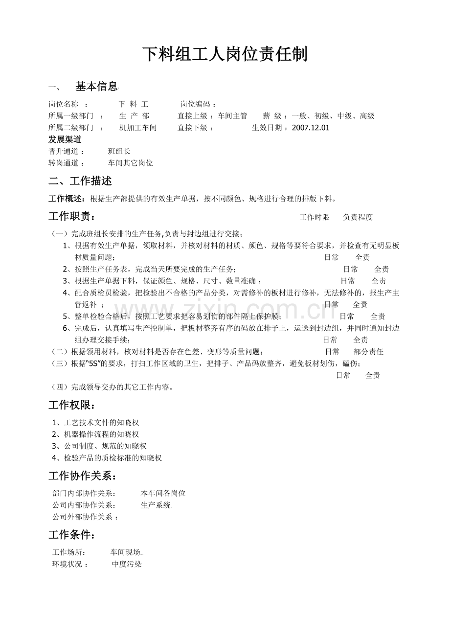 家具厂各工序岗位责任制.docx_第1页