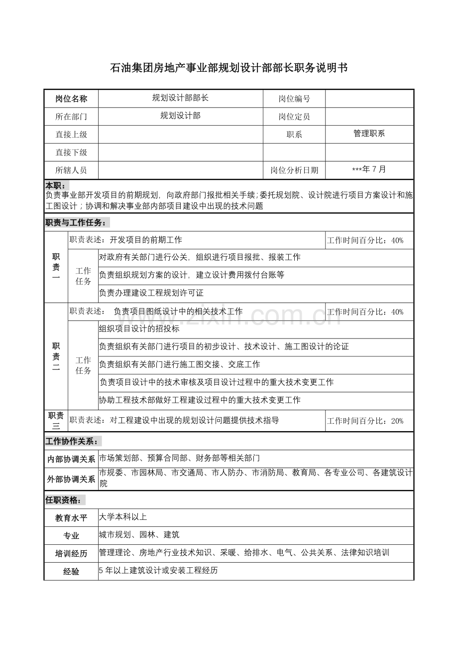 房地产事业部规划设计部部长职务说明书.docx_第1页