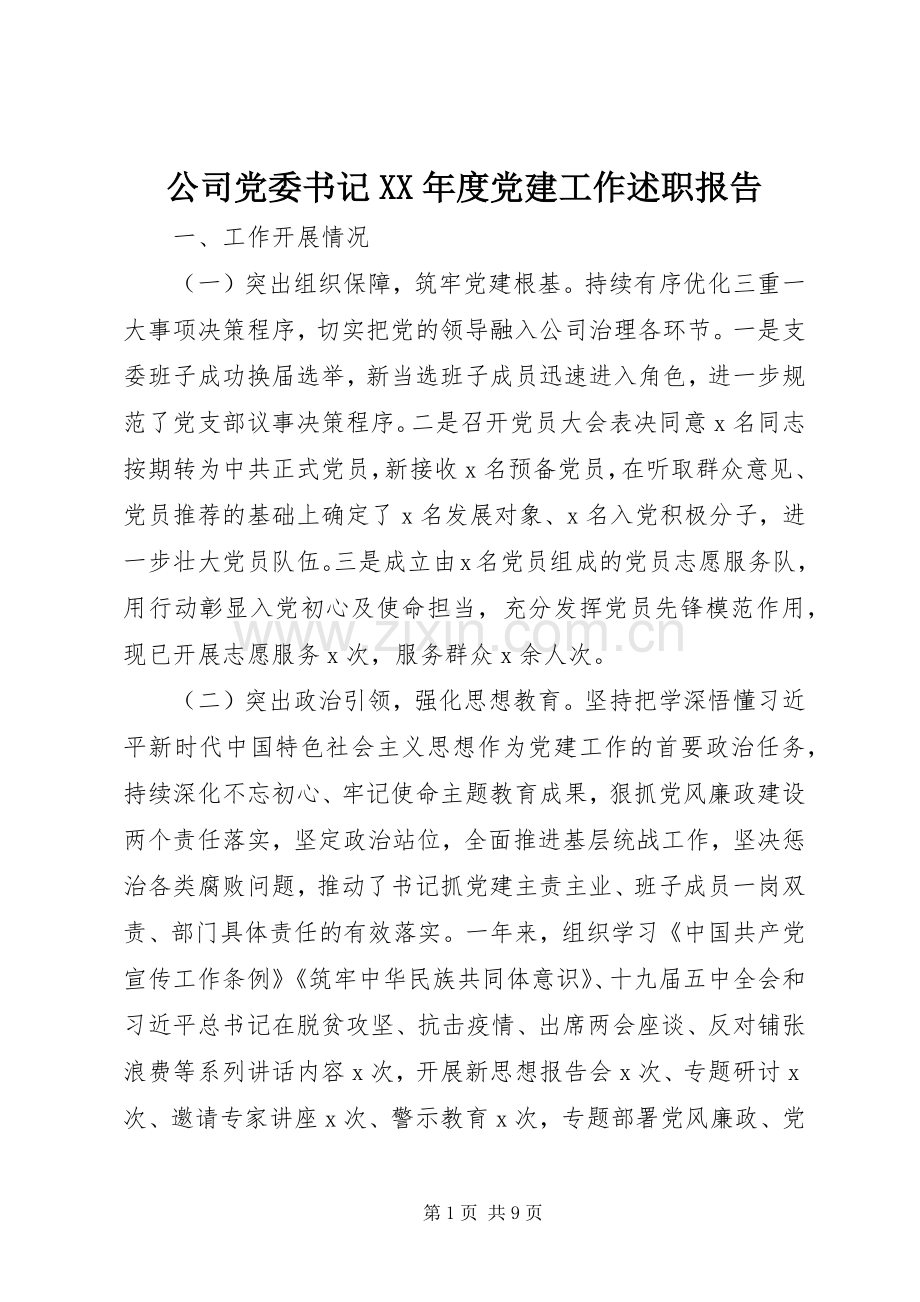 公司党委书记XX年度党建工作述职报告.docx_第1页