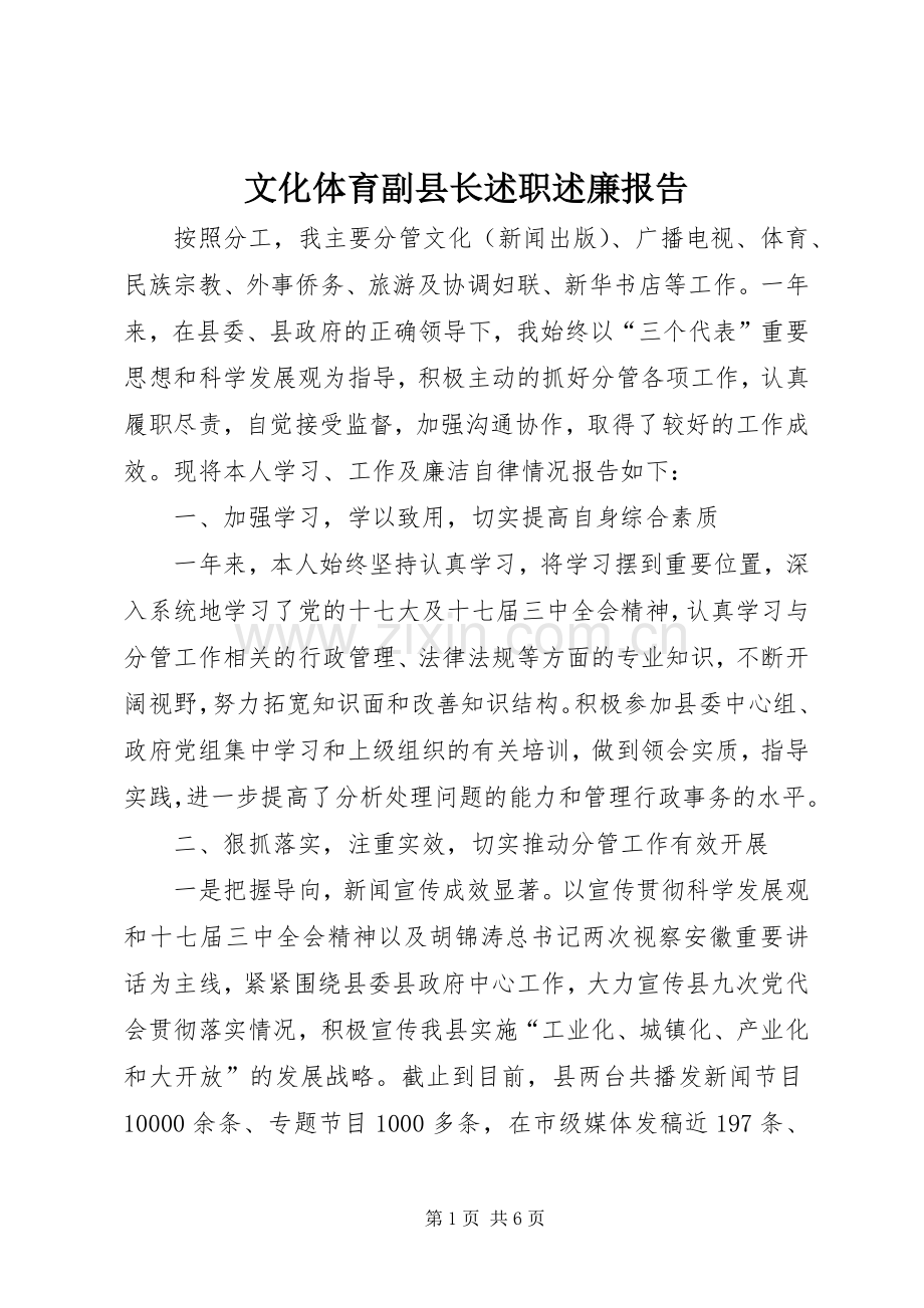 文化体育副县长述职述廉报告.docx_第1页