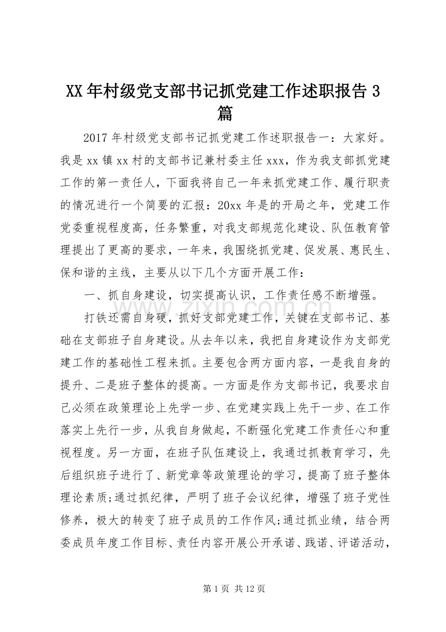 XX年村级党支部书记抓党建工作述职报告3篇.docx_第1页