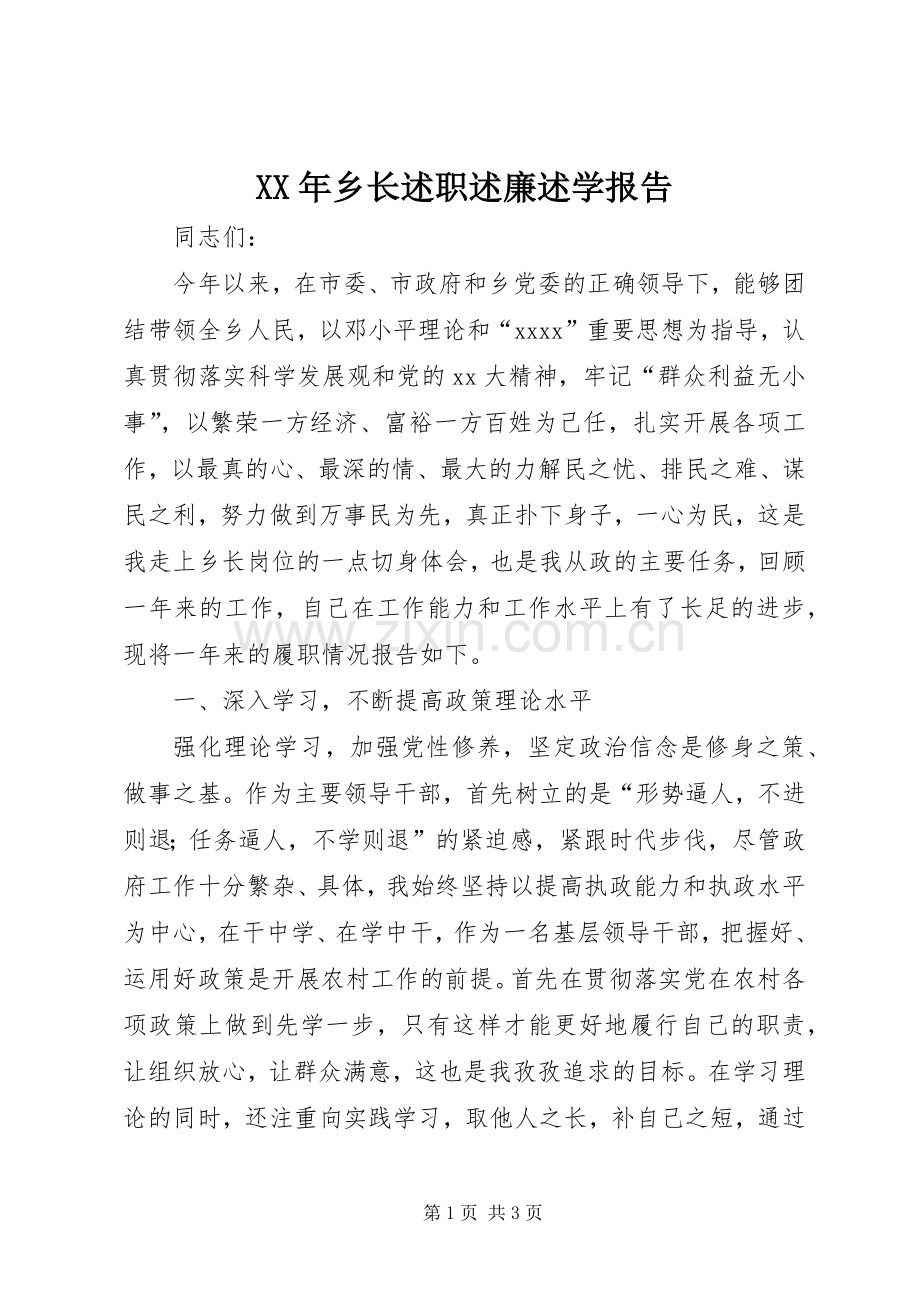 XX年乡长述职述廉述学报告.docx_第1页