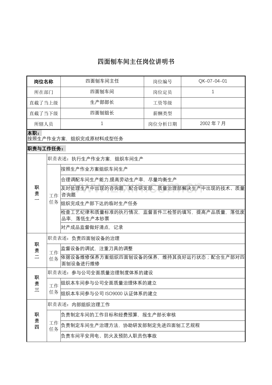 材料行业-四面刨车间主任岗位说明书.docx_第1页