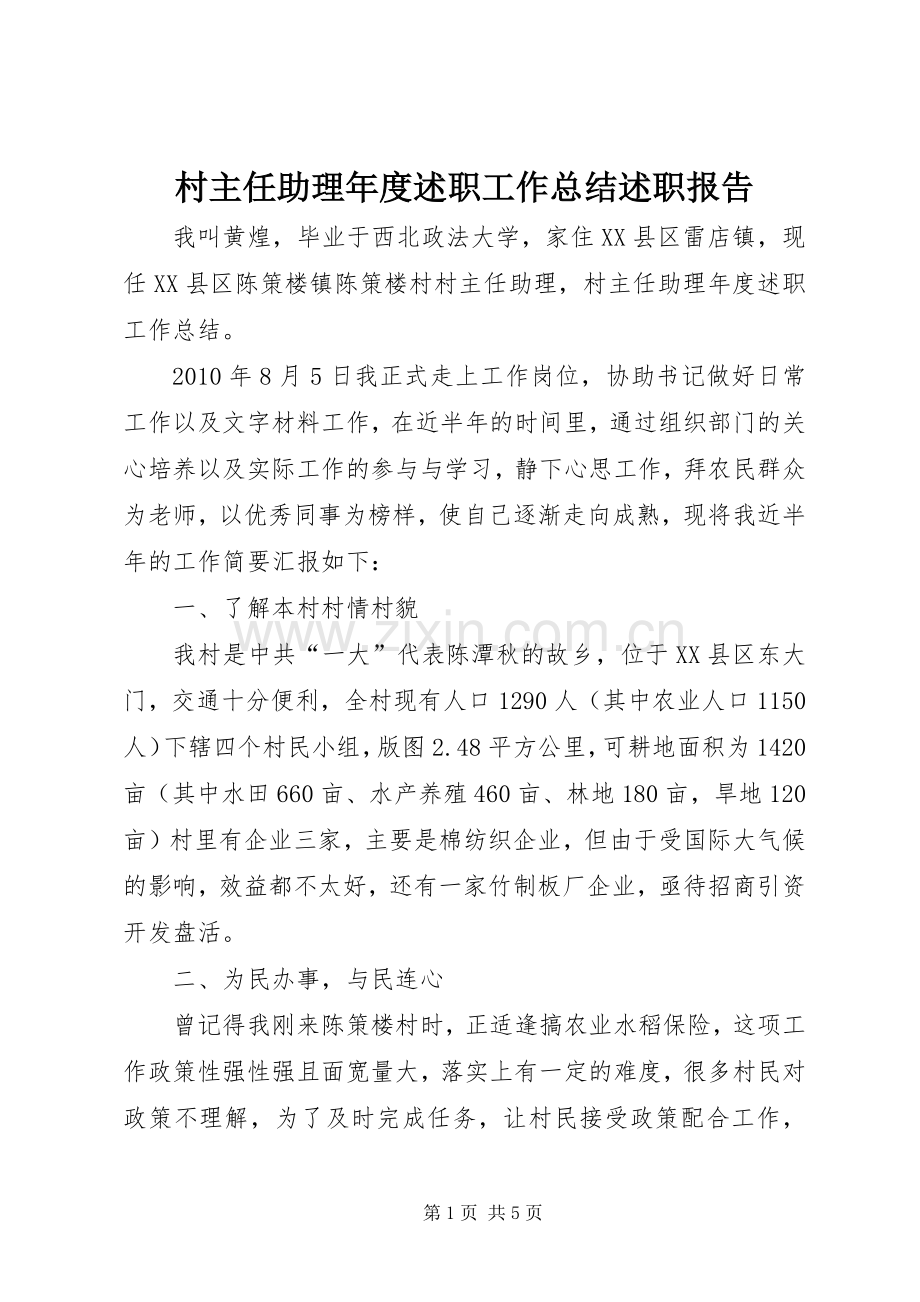 村主任助理年度述职工作总结述职报告.docx_第1页