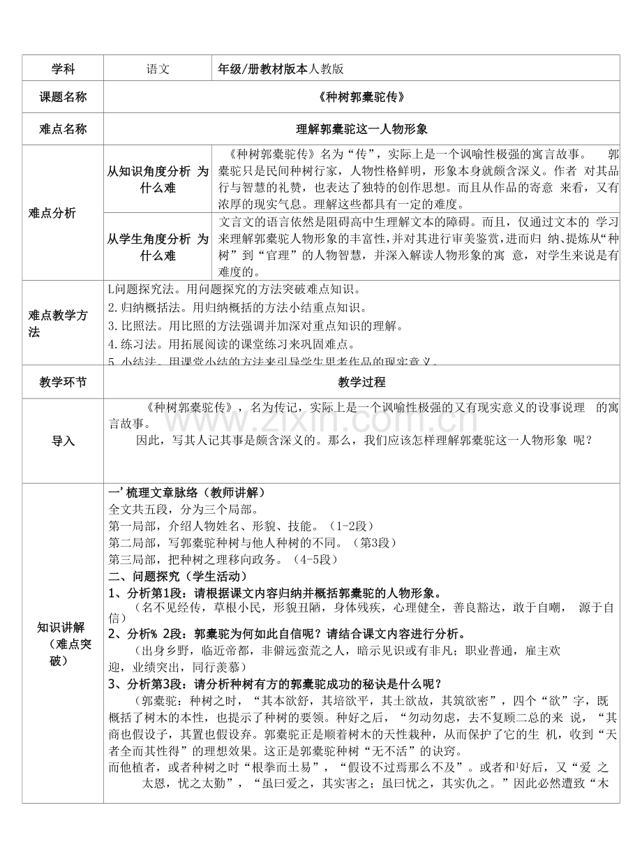 《种树郭囊驼传》教案--统编版高中语文选择性必修下册.docx_第1页