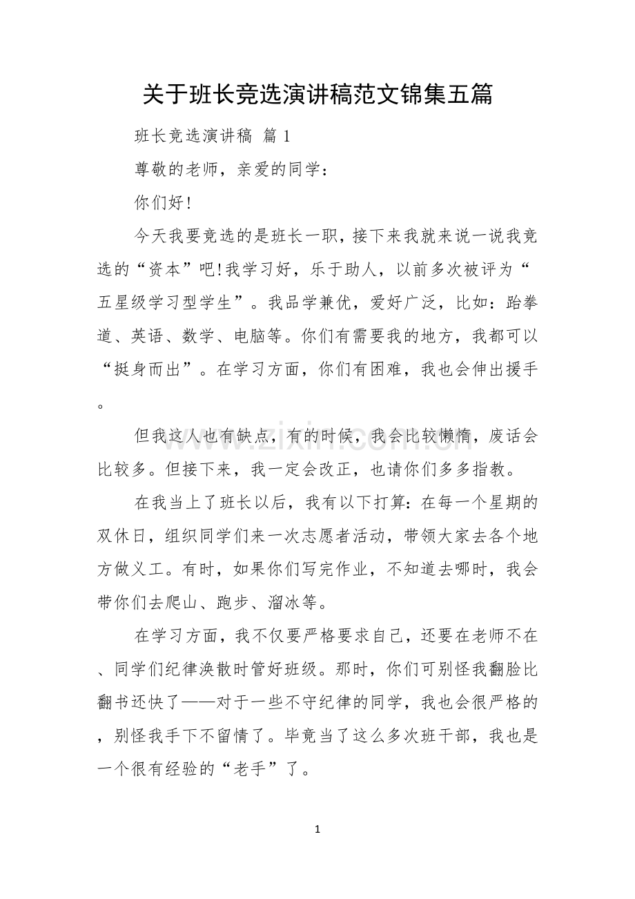 关于班长竞选演讲稿范文锦集五篇.docx_第1页