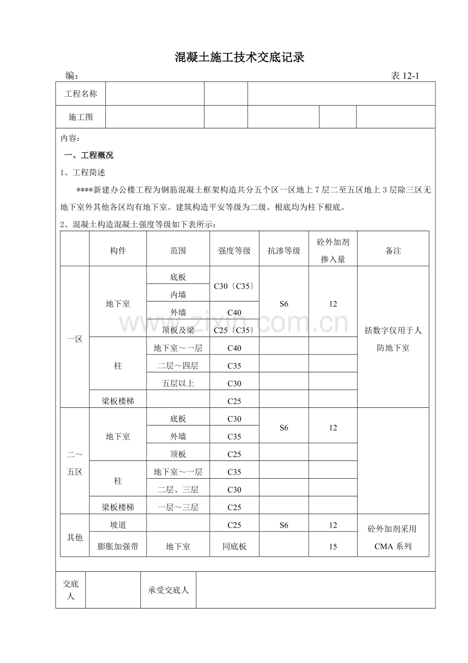 混凝土施工技术交底记录2.doc_第1页