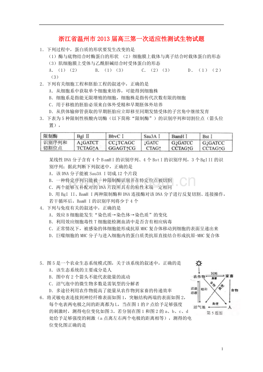 浙江省温州市2013届高三生物第一次适应性测试试题浙科版.doc_第1页