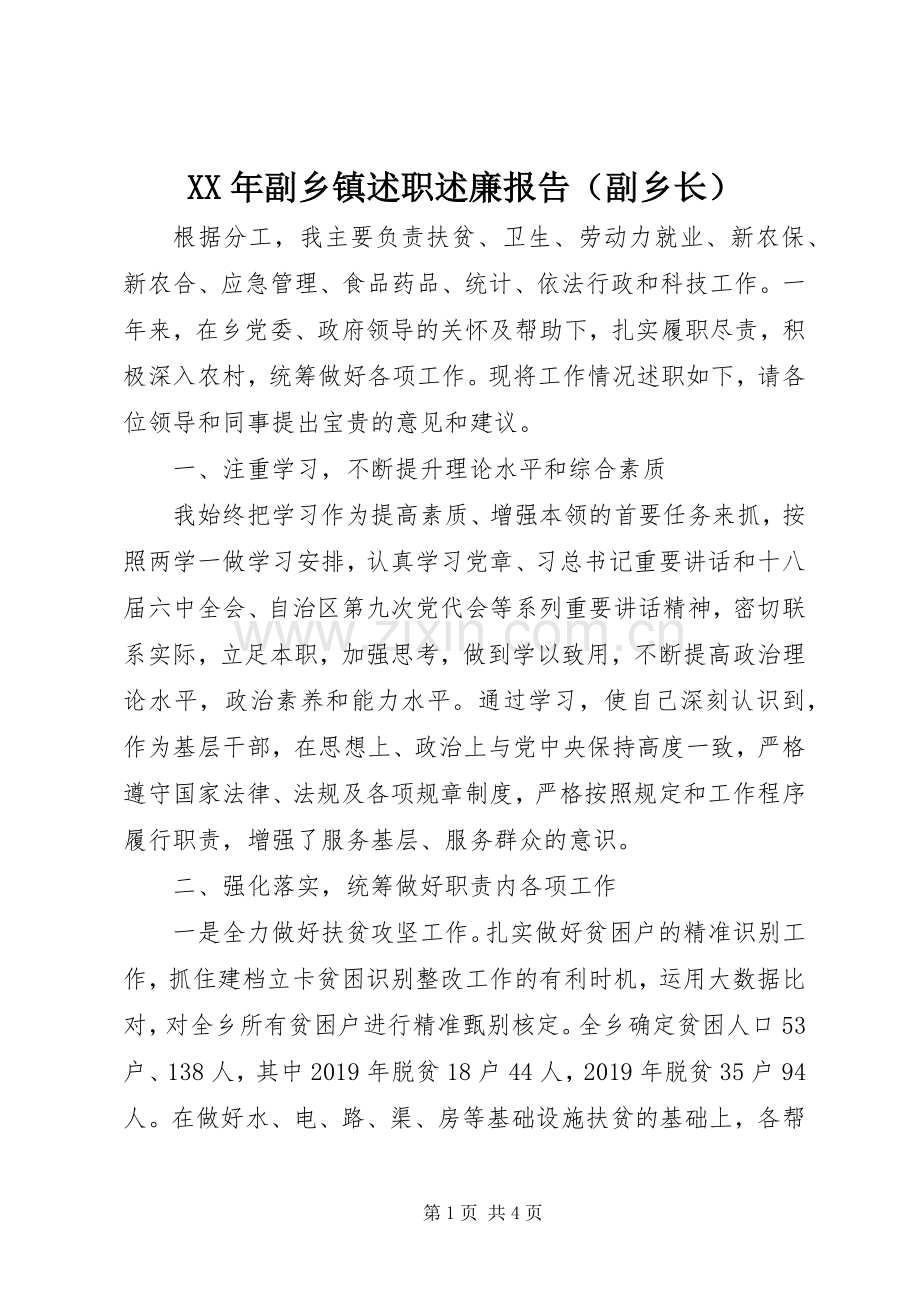 XX年副乡镇述职述廉报告（副乡长）.docx_第1页