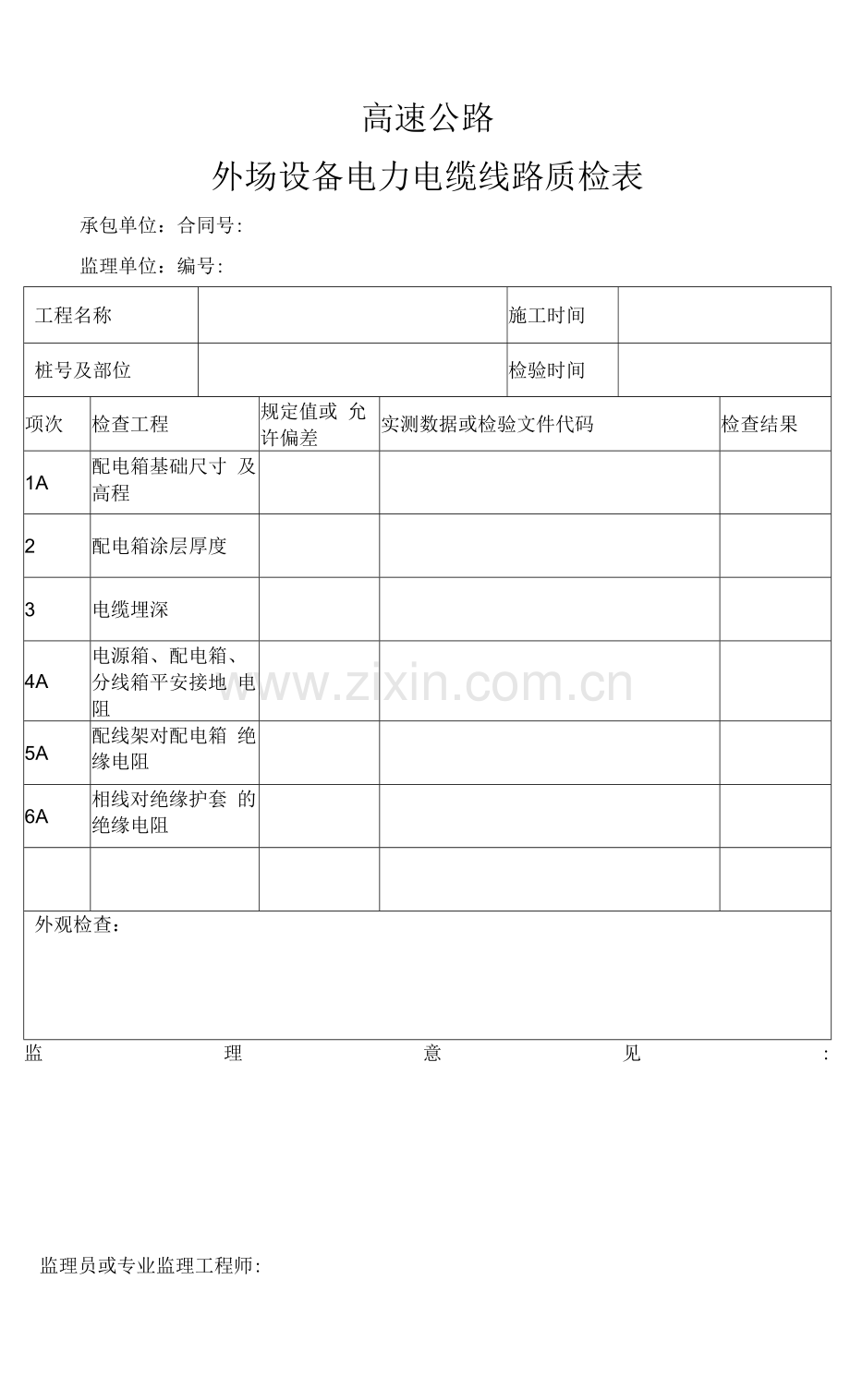 高速公路外场设备电力电缆线路质检表.docx_第1页