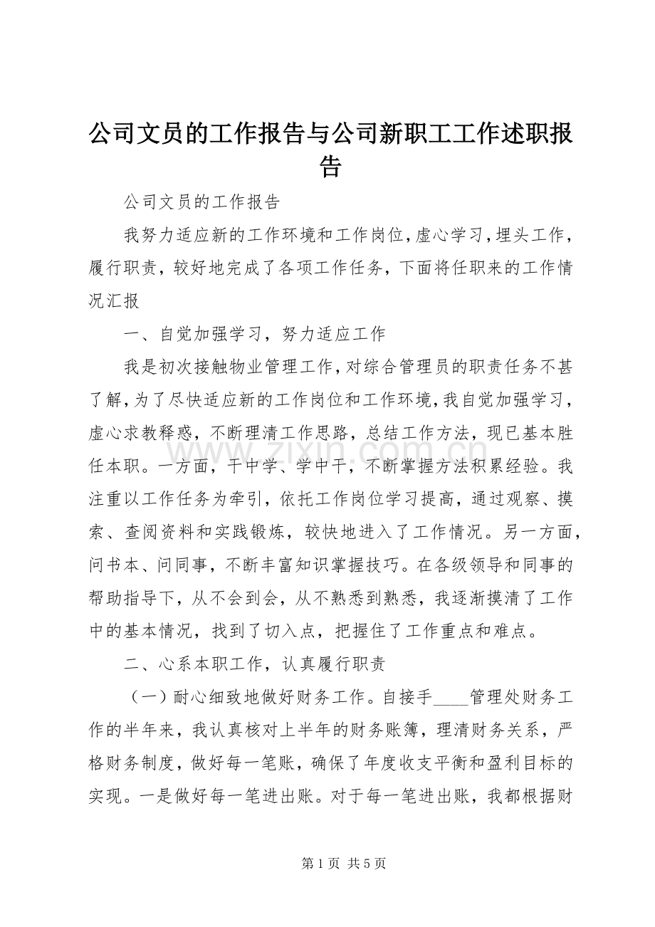 公司文员的工作报告与公司新职工工作述职报告.docx_第1页