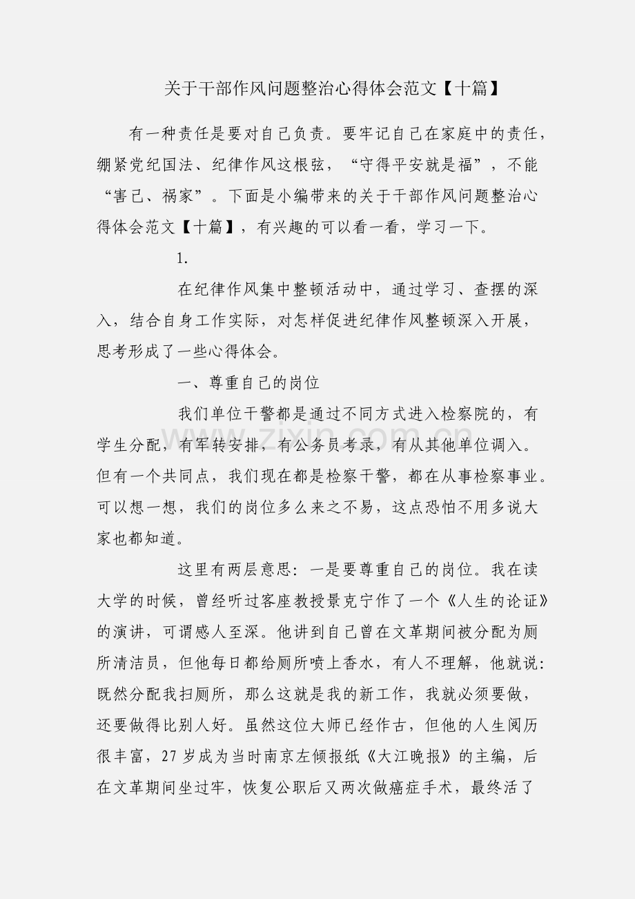 关于干部作风问题整治心得体会范文【十篇】.docx_第1页