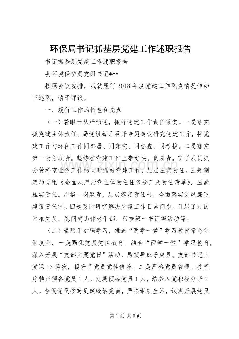 环保局书记抓基层党建工作述职报告.docx_第1页