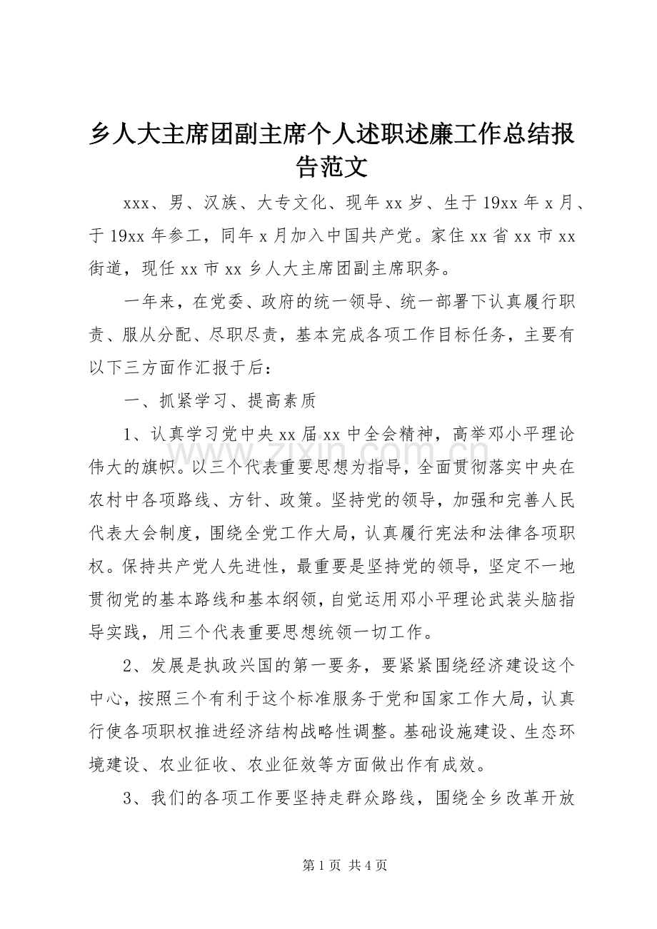 乡人大主席团副主席个人述职述廉工作总结报告范文.docx_第1页