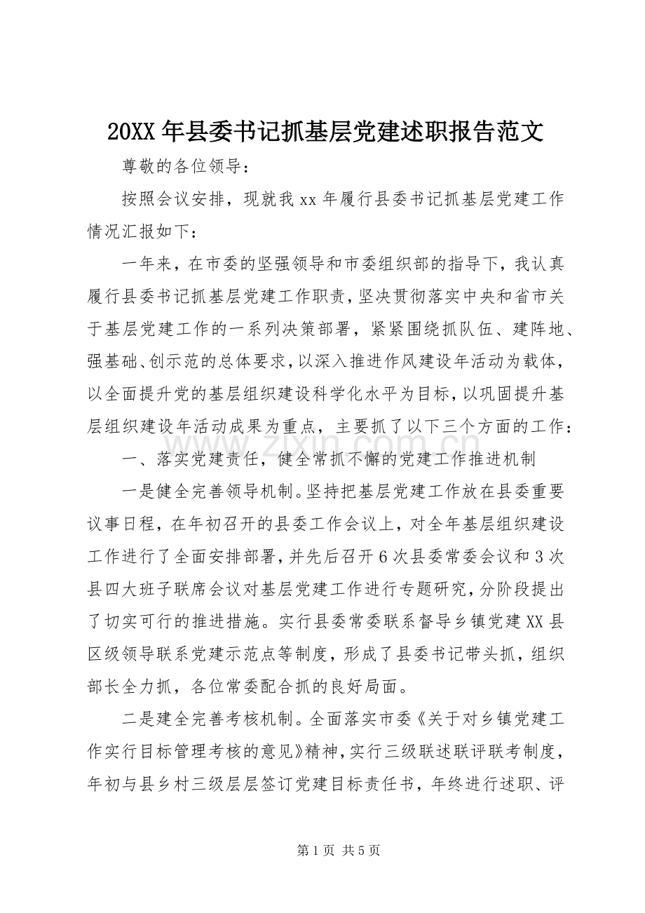 20XX年县委书记抓基层党建述职报告范文.docx_第1页