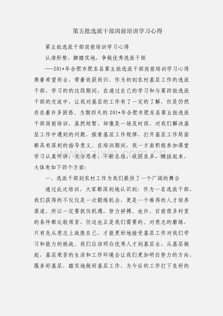 第五批选派干部岗前培训学习心得.docx_第1页