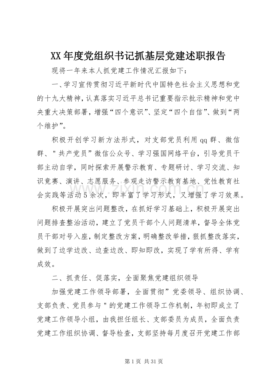 XX年度党组织书记抓基层党建述职报告.docx_第1页