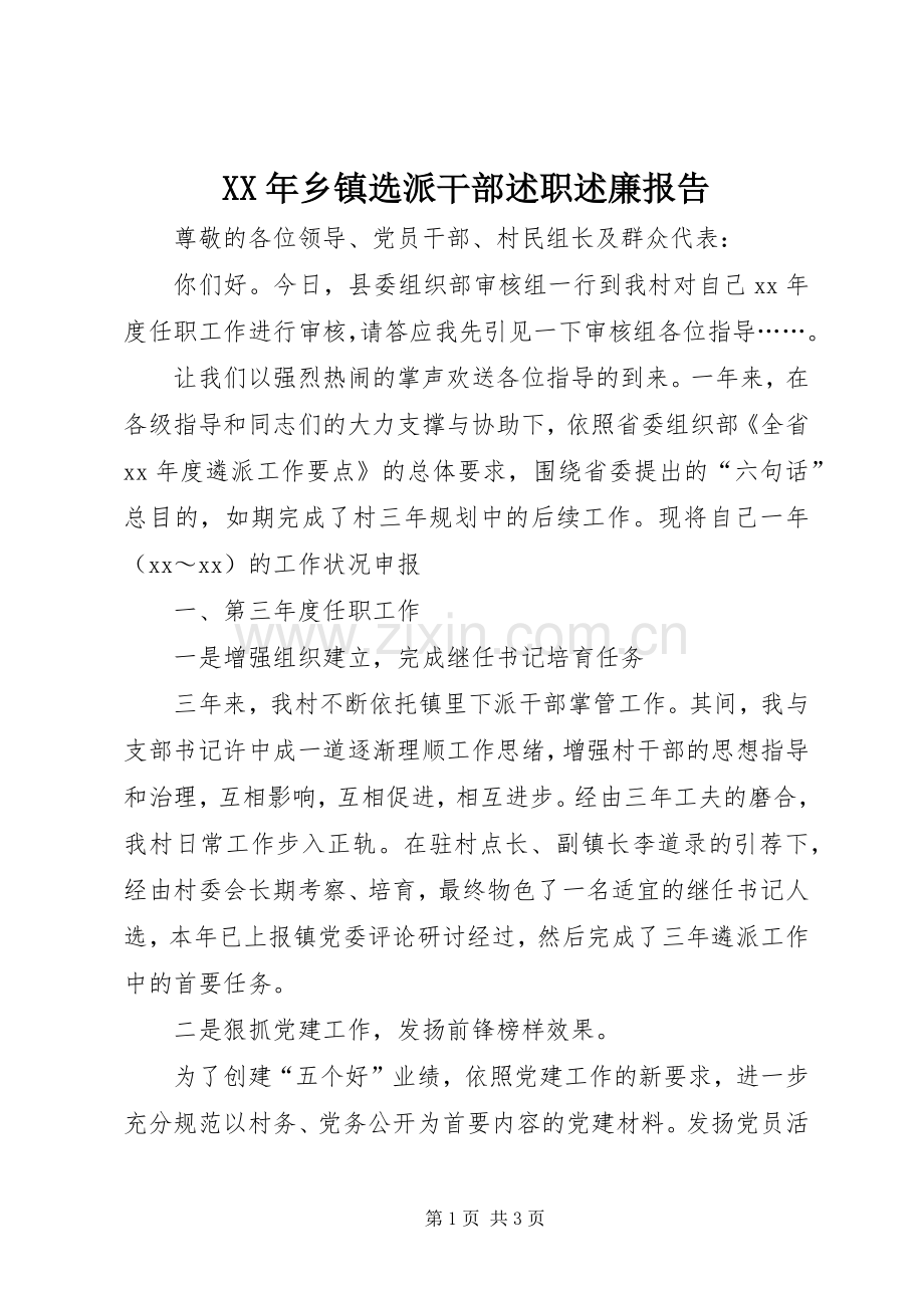 XX年乡镇选派干部述职述廉报告.docx_第1页