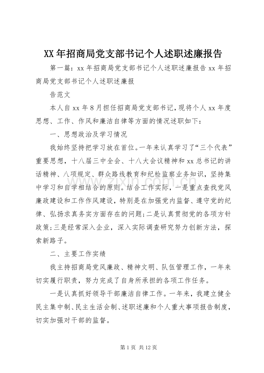 XX年招商局党支部书记个人述职述廉报告.docx_第1页