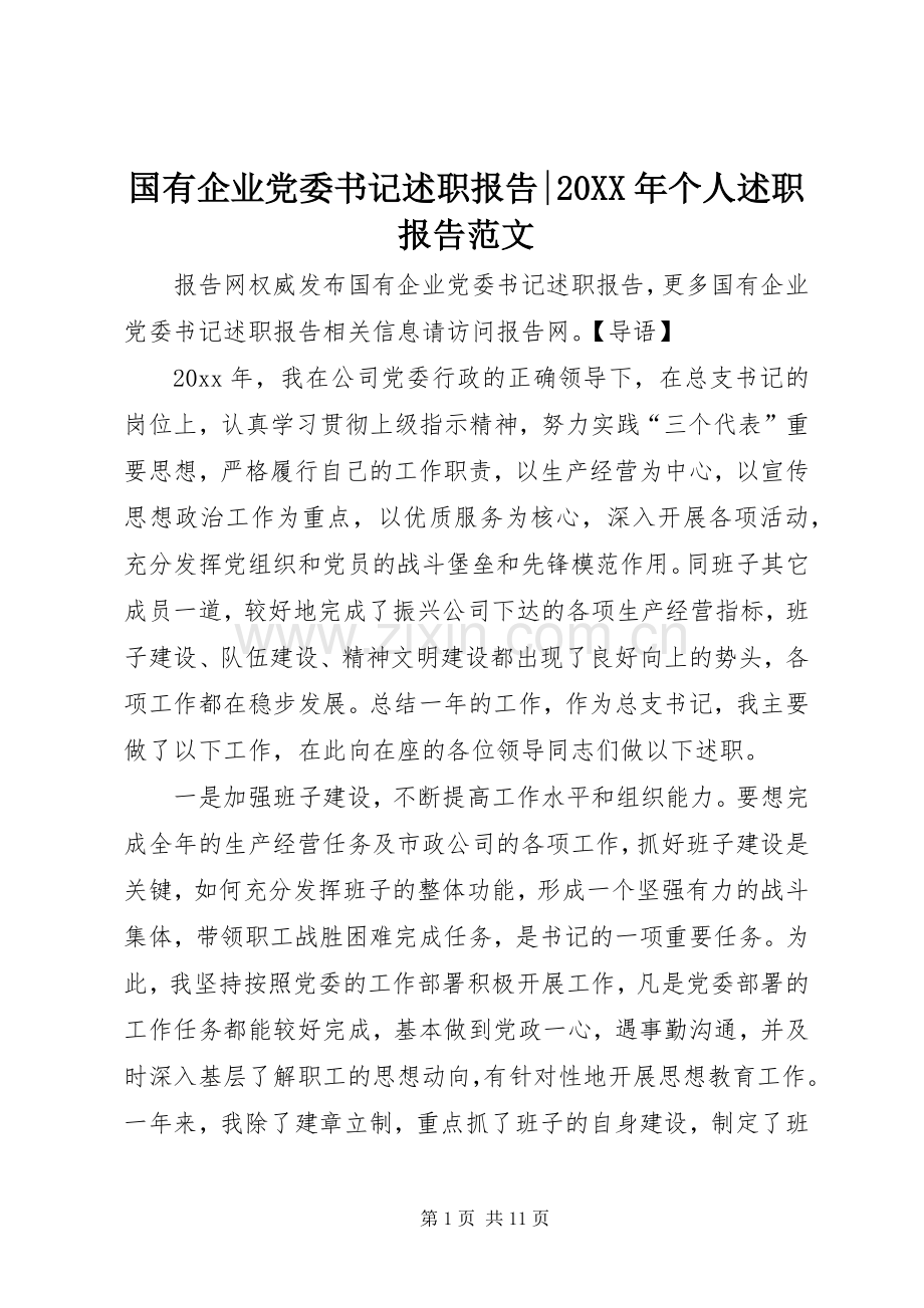 国有企业党委书记述职报告-20XX年个人述职报告范文.docx_第1页