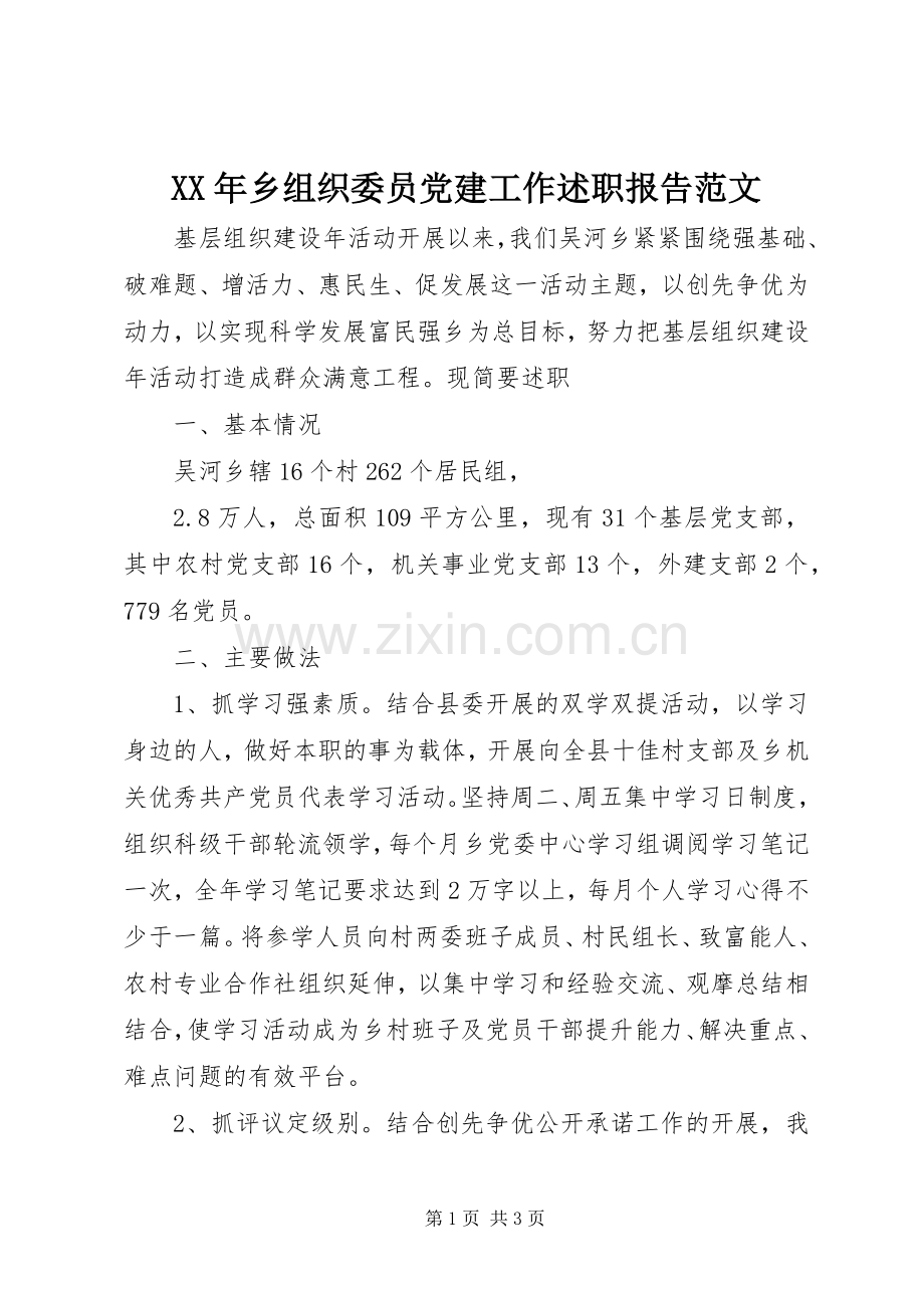 XX年乡组织委员党建工作述职报告范文.docx_第1页