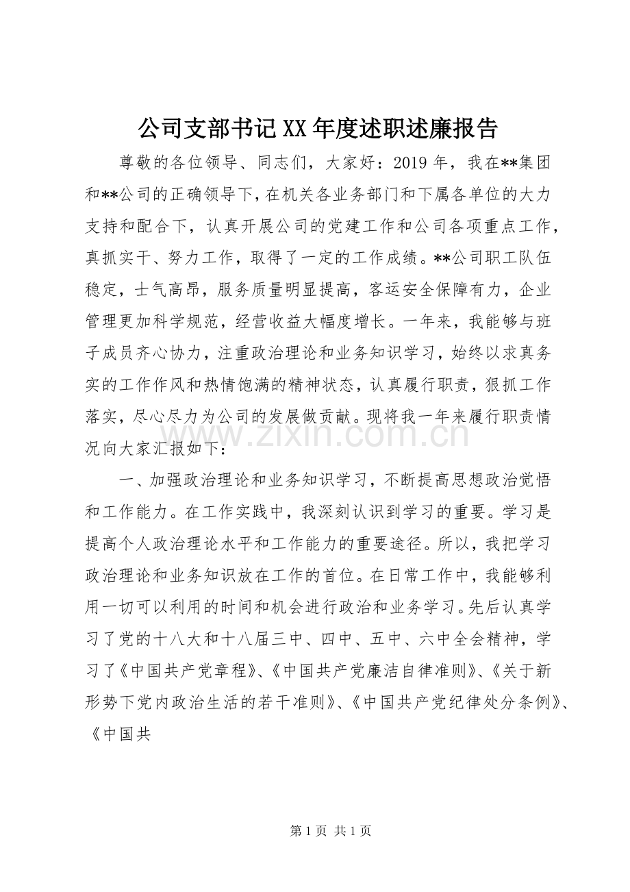 公司支部书记XX年度述职述廉报告.docx_第1页