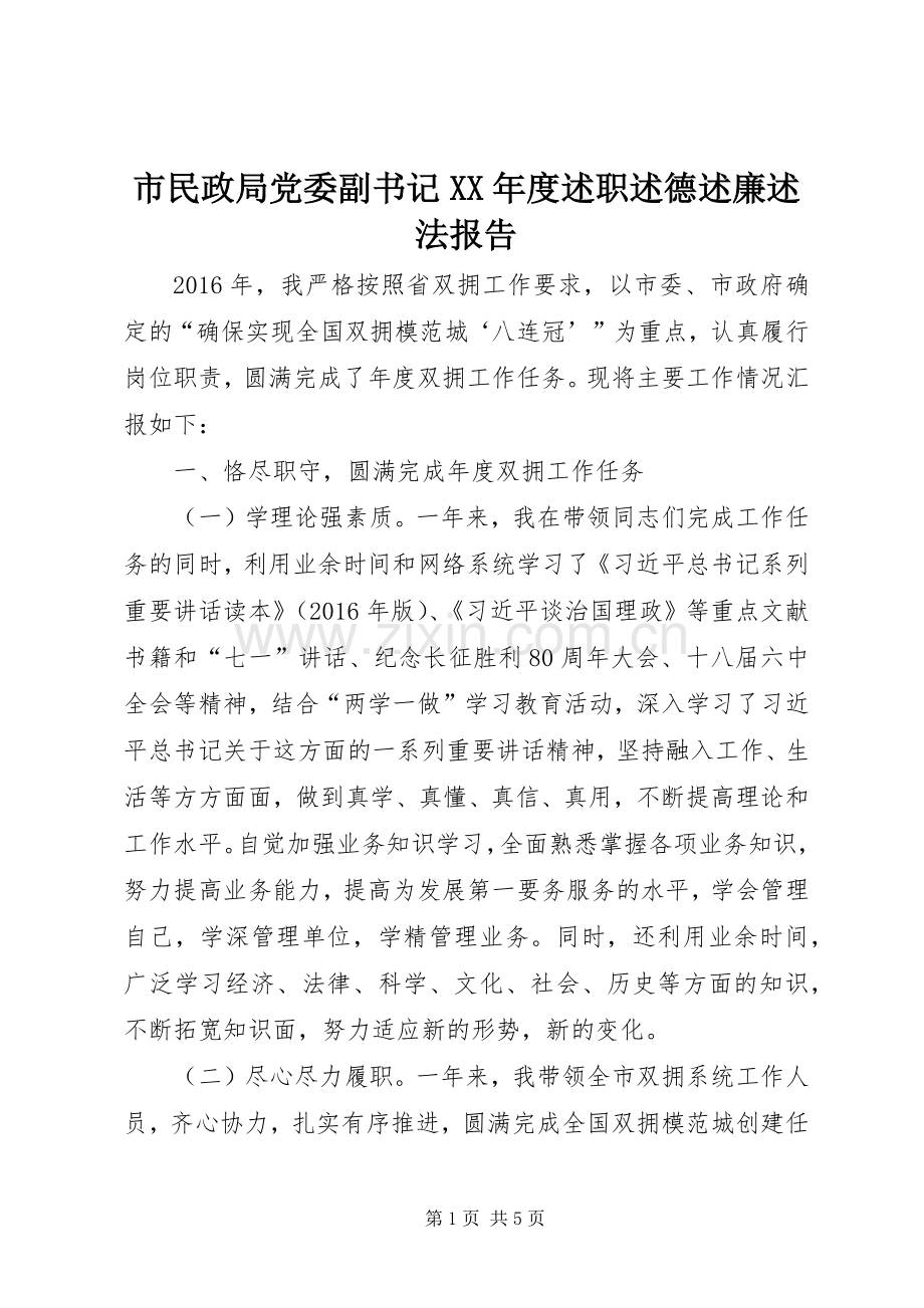 市民政局党委副书记XX年度述职述德述廉述法报告.docx_第1页