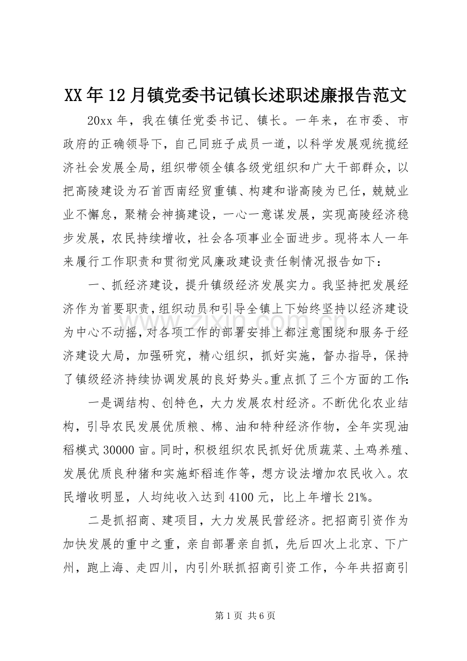 XX年12月镇党委书记镇长述职述廉报告范文.docx_第1页