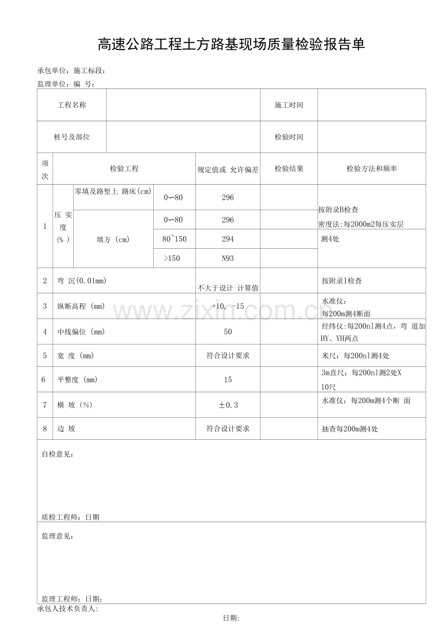 高速公路工程土方路基现场质量检验报告单.docx_第1页