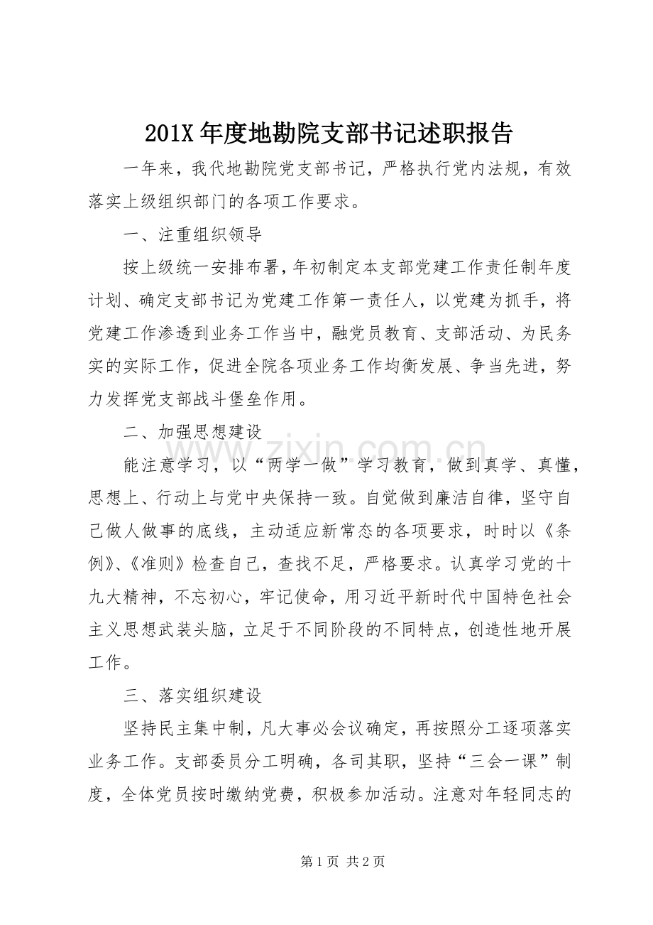 201X年度地勘院支部书记述职报告.docx_第1页