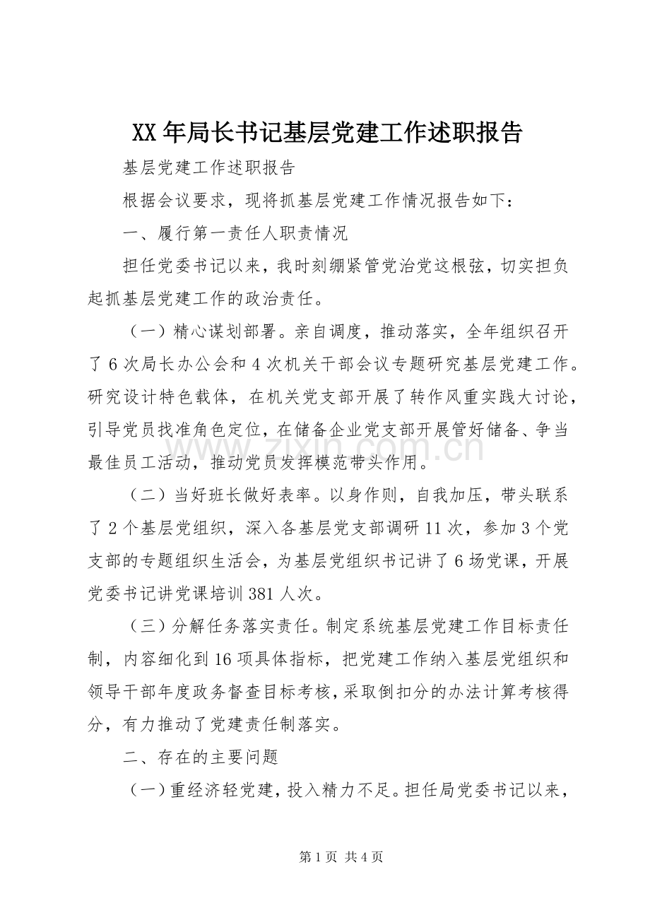 XX年局长书记基层党建工作述职报告.docx_第1页