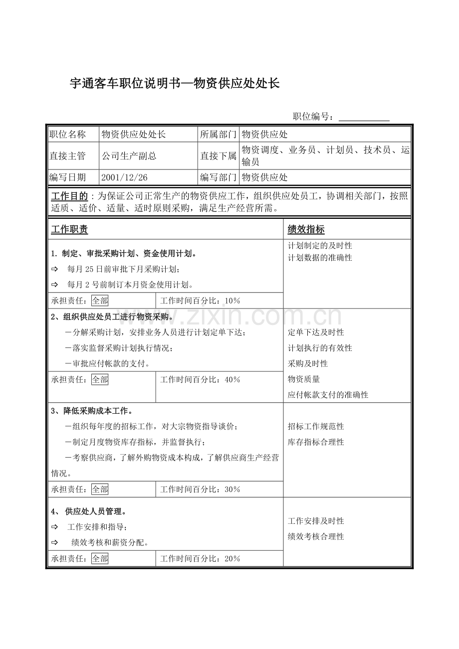 宇通客车职位说明书—物资供应处处长.docx_第1页